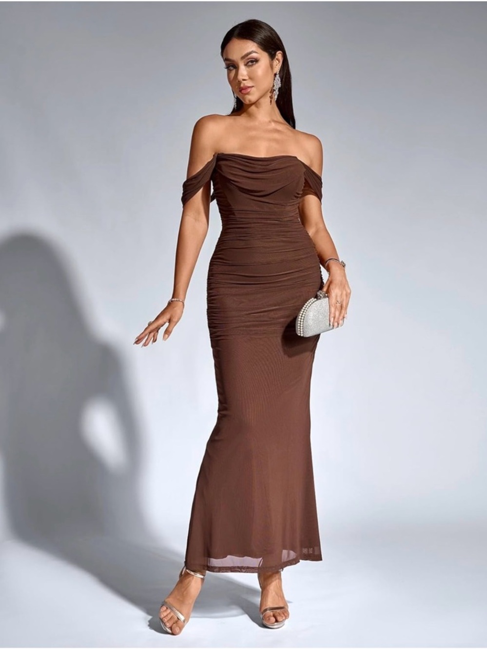 Off-Shoulder Brown Evening Gown